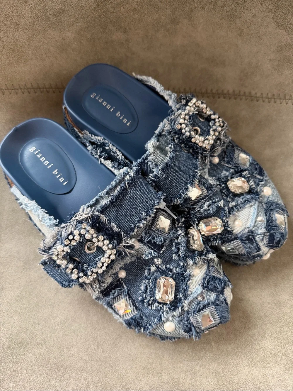 NWT Gianni Bini Omari Denim Patchwork Jewel and Pearl Embellished Platform Clogs